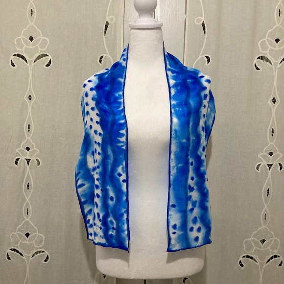 Hand Colored in California, 100% Silk Scarf, Vibrant Blues and White - Picture 7 of 9